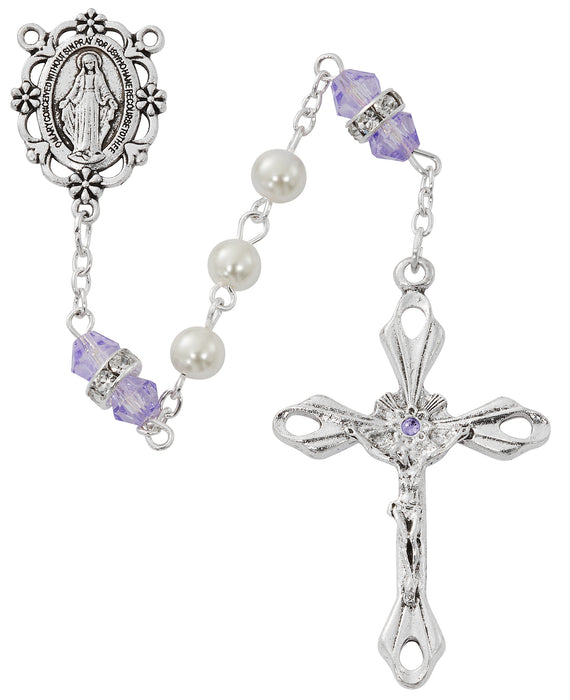 R917AMKF Pearl and Amethyst Rosary with Zinc Center and Crucifixed - McVan