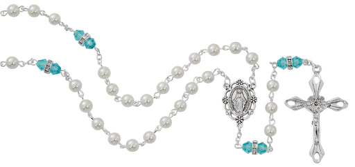 R917AQKF Pearl and Aqua Rosary with Zinc Center and Crucifixed - McVan