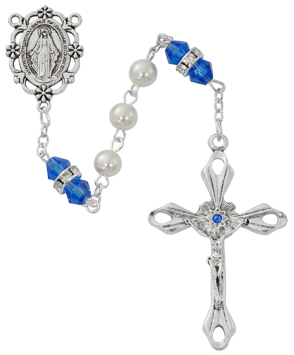 R917BLKF Pearl and Saphire Rosary with Zinc Center and Crucifixed - McVan