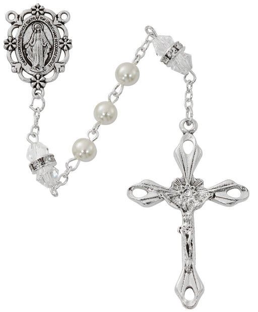 R917CRKF Pearl and Crystal Rosary with Zinc Center and Crucifixed - McVan