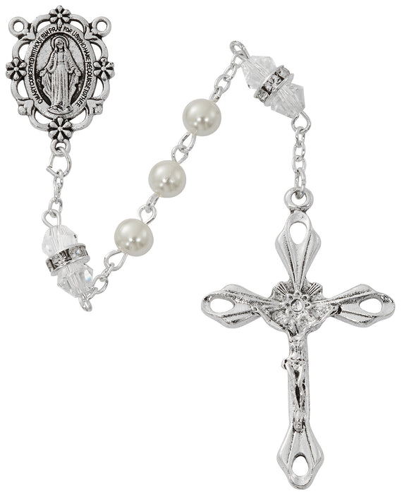 R917CRKF Pearl and Crystal Rosary with Zinc Center and Crucifixed - McVan