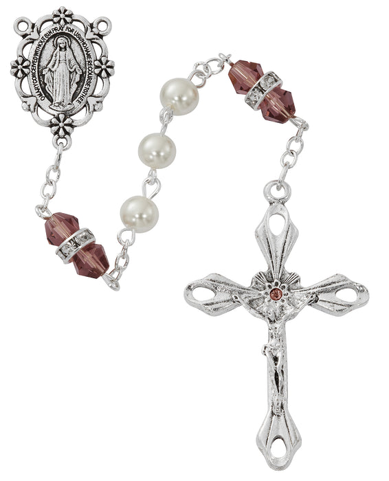 R917DAKF Pearl and Dark Amethyst Rosary with Zinc Center and Crucifixed - McVan