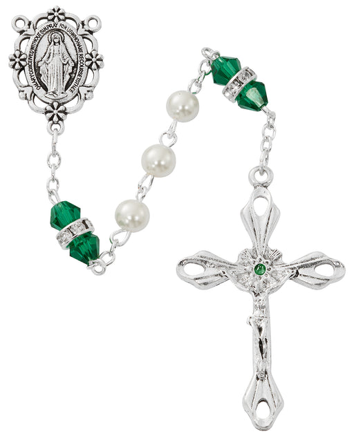 R917EMKF Pearl and Emerald Rosary with Zinc Center and Crucifixed - McVan