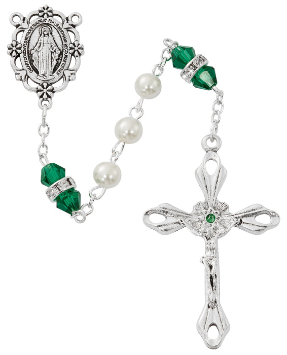 R917EMKF Pearl and Emerald Rosary with Zinc Center and Crucifixed - McVan