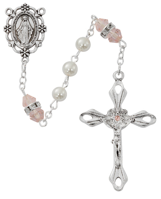 R917RSKF Pearl and Rose Rosary with Zinc Center and Crucifixed - McVan