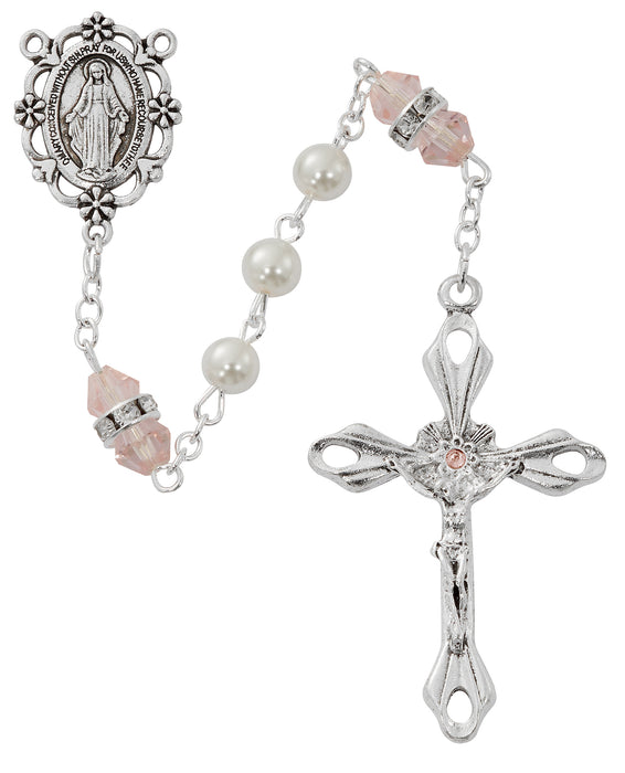 R917RSKF Pearl and Rose Rosary with Zinc Center and Crucifixed - McVan