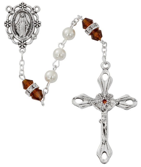 R917TOKF Pearl and Topaz Rosary with Zinc Center and Crucifixed - McVan