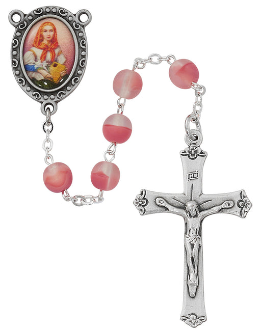 R922F 7MM PINK Frosted ST. DYMPHNA Decal Image ROSARY boxed - McVan