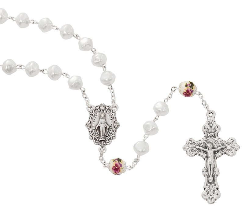 R968F PEARL WITH CAPPED CERAMIC O.F. ROSARY, DELUXE BOXED - McVan