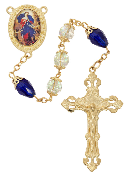 R985HF CRYSTAL AND BLUE TEAR DROP ROSARY DELUXE BOX - McVan