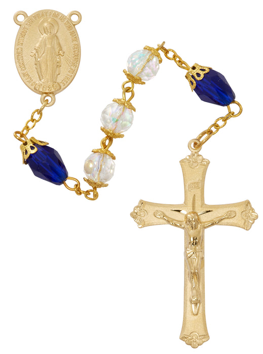 R997JF CRYSTAL AND BLUE TEAR DROP ROSARY DELUXE BOX - McVan