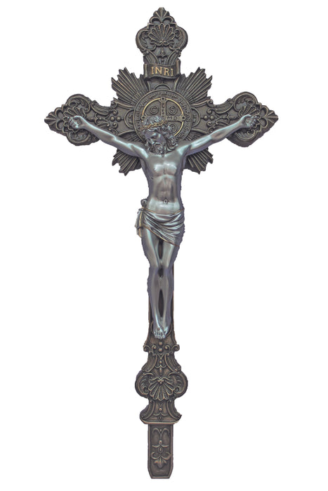 SR-77286-BS Standing/Hanging St. Benedict Crucifix Cold Cast Bronze/Pewter Style 24"/22"