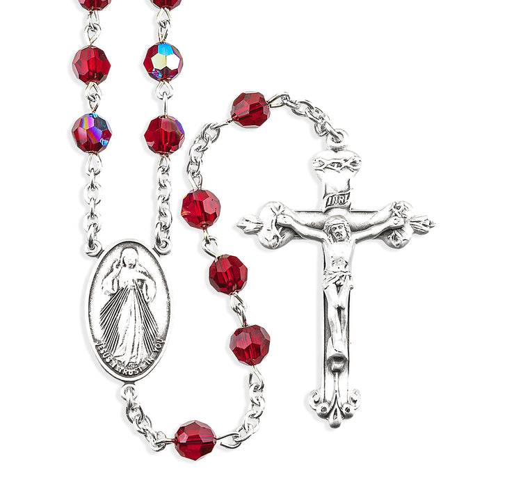 Sterling Silver Divine Mercy Rosary Chaplet- 6mm Finest Ruby Crystal Beads - SR560DVM