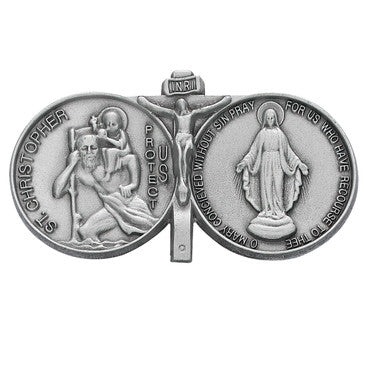 Pewter St. Christopher, Crucifix & Miraculous Medal Visor Clip- VC-461S
