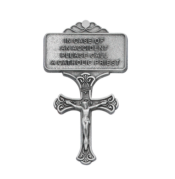 Pewter Crucifix Visor Clip — "In Case of Accident, Please Call a Catholic Priest"- VC-543S