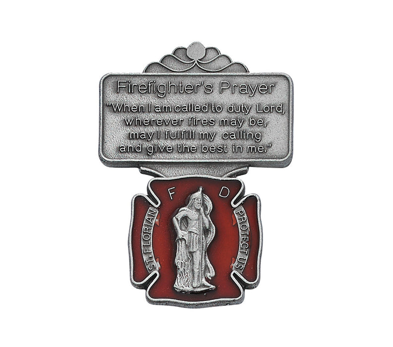 St. Florian Firefighter Red Enamel Visor Clip with Prayer- Pewter - VC-863