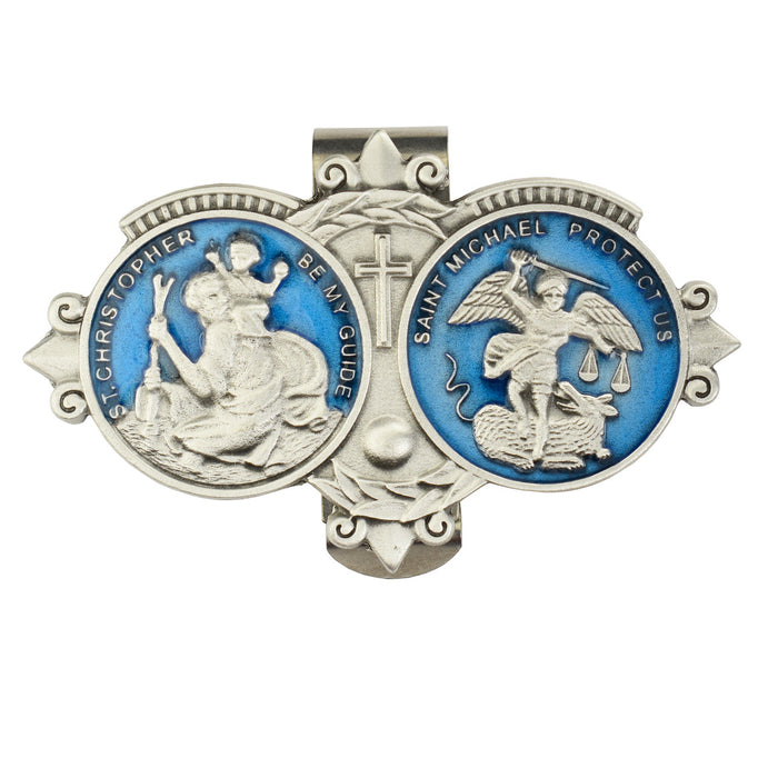 St. Christopher & St. Michael Visor Clip – Pewter with Blue Epoxy - VC-913