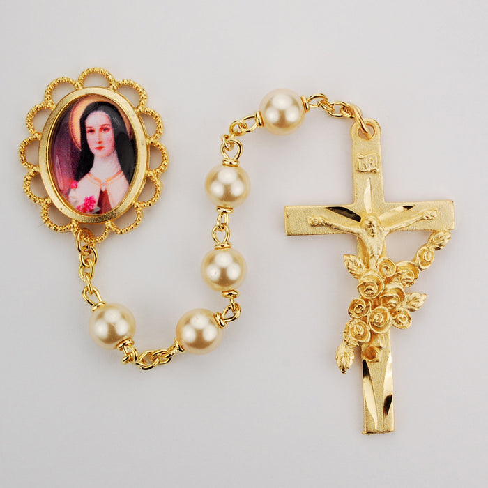 St Therese Pearl like  Rosary Boxed - 785HF