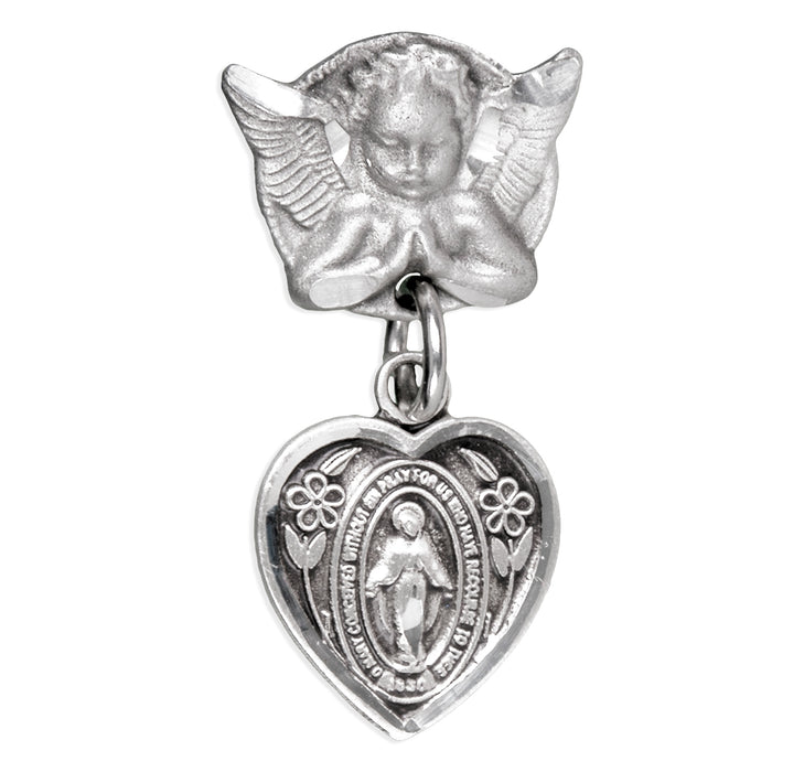 Heart Shape Baby Miraculous Medal in Sterling Silver on an Angel Pin - AP1124
