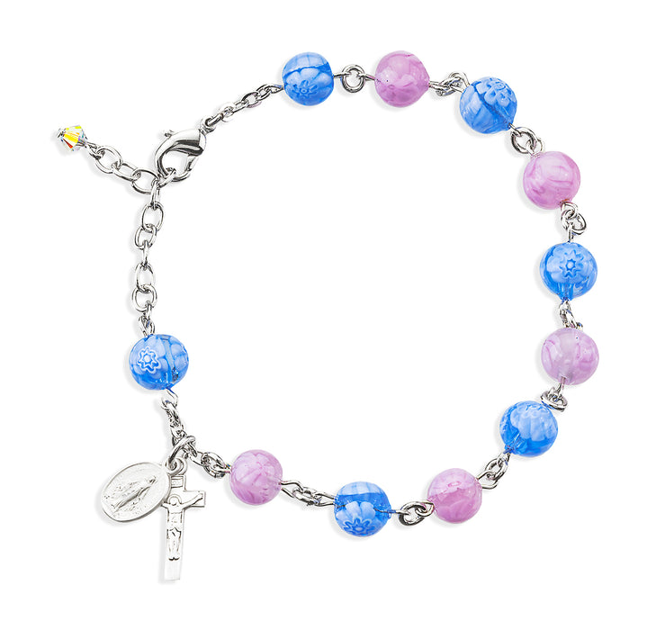 Blue and Pink Venetian Round Glass Bead Sterling Silver Rosary Bracelet - B1309BLPK