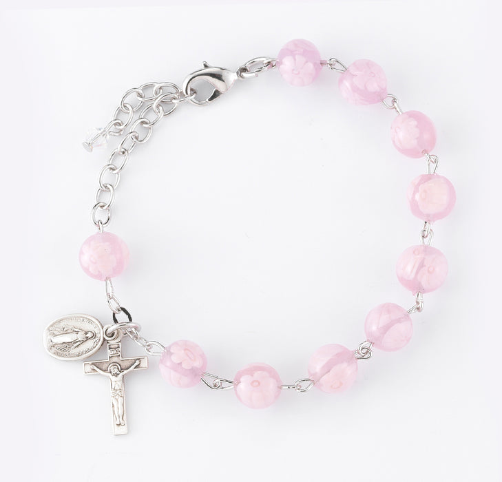 Pink Venetian Round Glass Bead Sterling Silver Rosary Bracelet - B1309PK