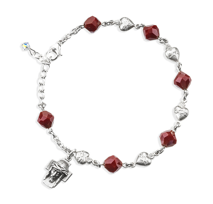 Red Coral Faceted Crystal Sacred Heart Bead Sterling Silver Rosary Bracelet - B53808877GA