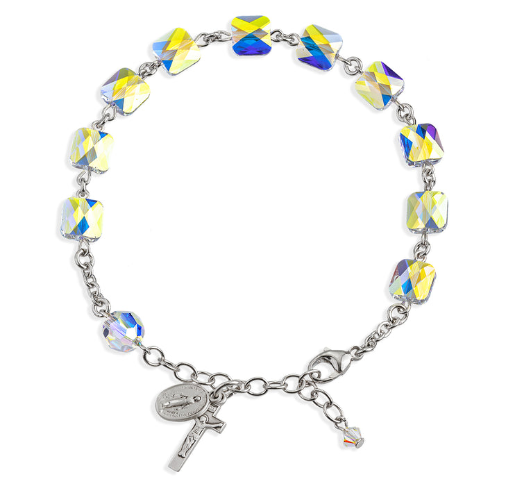 Sterling Silver Rosary Bracelet Created with 8mm Aurora Borealis Finest Austrian Crystal Multi-Faceted Square Beads by HMH - B5622CR
