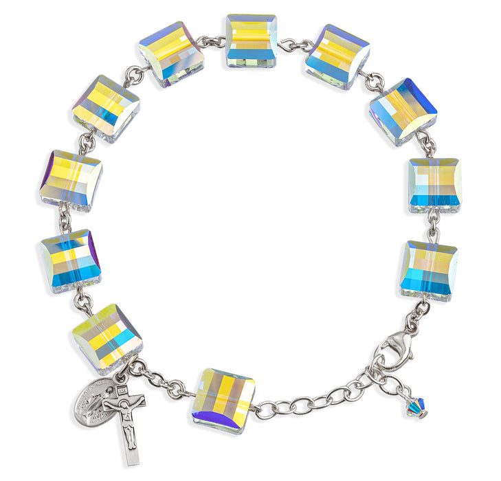 Sterling Silver Rosary Bracelet Created with 10mm Aurora Borealis Finest Austrian Crystal Square Beads by HMH - B5624CR