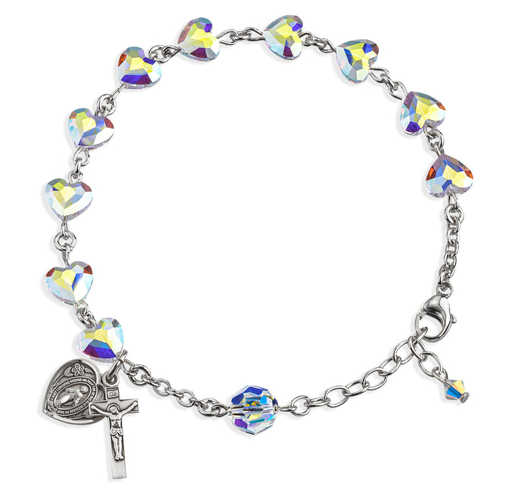 Sterling Silver Rosary Bracelet Created with 8mm Aurora Borealis Finest Austrian Crystal Heart Shape Beads by HMH - B5741CR