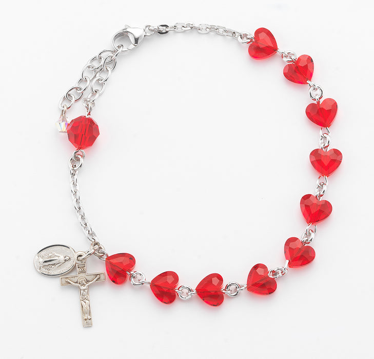 Sterling Silver Rosary Bracelet Created with 8mm Red Finest Austrian Crystal Heart Shape Beads by HMH - B5741RD