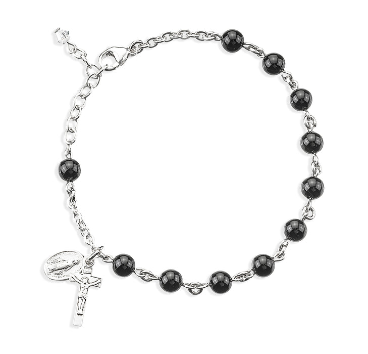 Genuine Onyx Round Sterling Silver Rosary Bracelet - B7600OX
