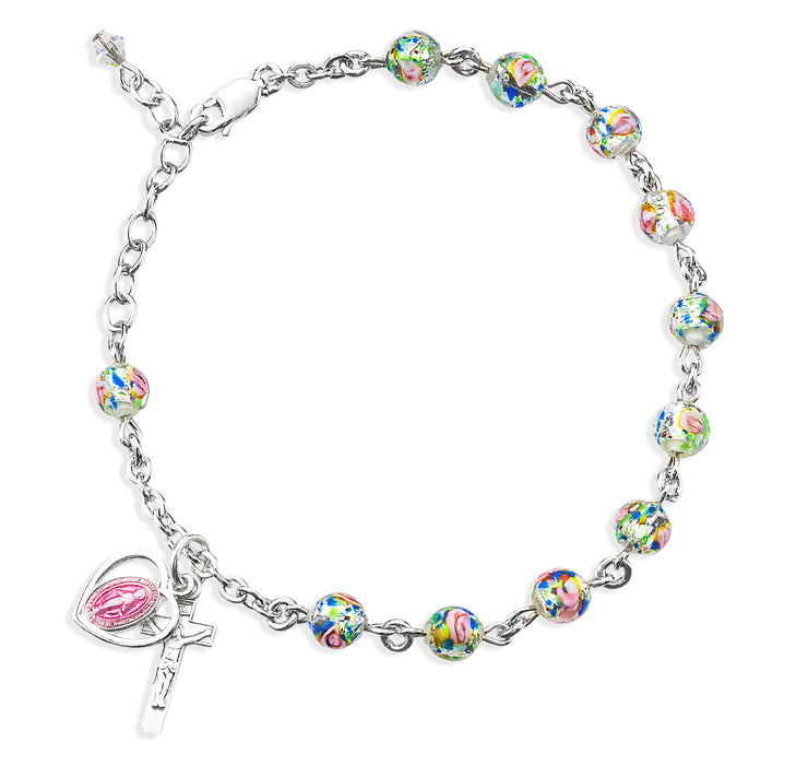 Rose Embedded Round Murano Glass Sterling Silver Rosary Bracelet - B7660