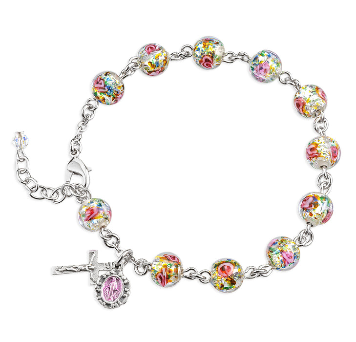 Rose Embedded Round Murano Glass Sterling Silver Rosary Bracelet - B7680
