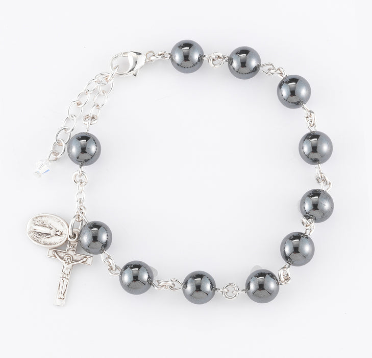Genuine Hematite Round Sterling Silver Rosary Bracelet 8mm - B7800HT