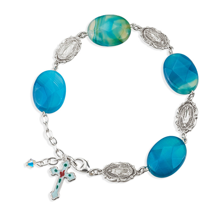 Blue Agate Faceted Stone with Sterling Silver Miraculous Medals Rosary Bracelet - B7900BA8866