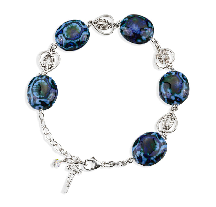 Dark and Light Blue Porcelain Pierced Heart Miraculous Sterling Silver Rosary Bracelet - B79503160