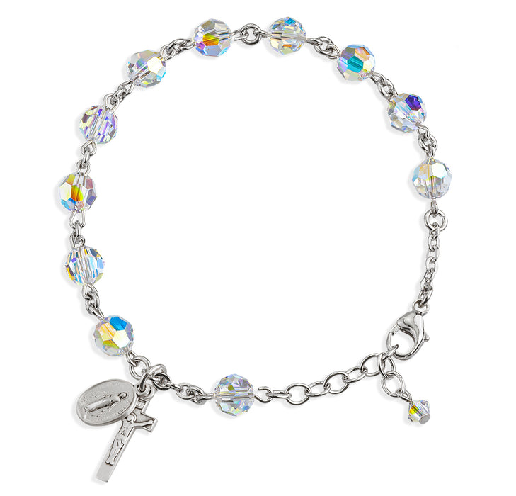 Sterling Silver Rosary Bracelet Created with 7mm Aurora Borealis Finest Austrian Crystal Round Beads by HMH - B8000CR