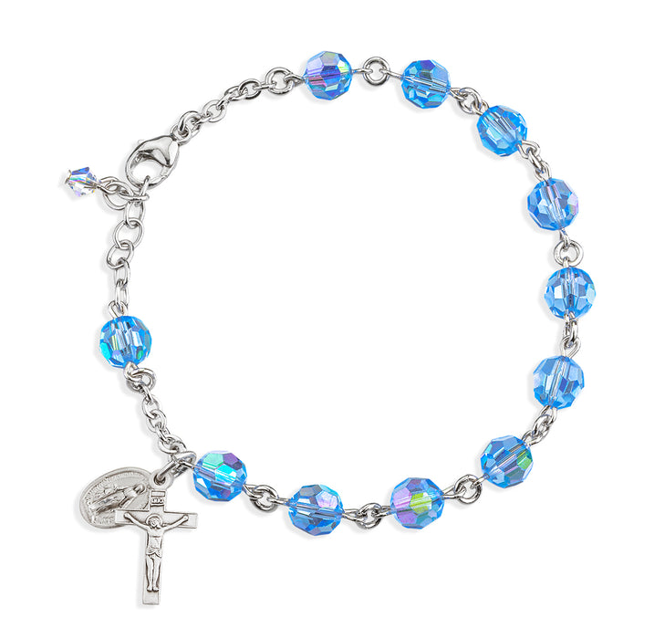Sterling Silver Rosary Bracelet Created with 7mm Light Sapphire Finest Austrian Crystal Round Beads by HMH - B8000LS