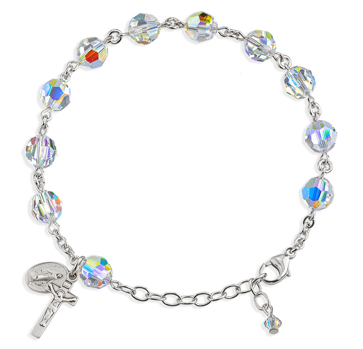 Sterling Silver Rosary Bracelet Created with 8mm Aurora Borealis Finest Austrian Crystal Round Beads by HMH - B8100CR