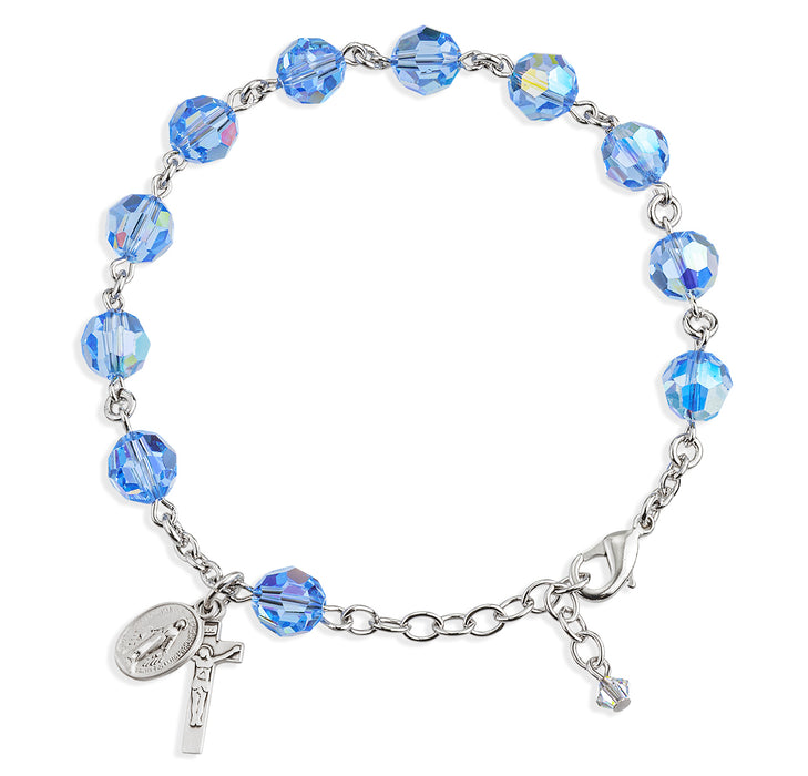 Sterling Silver Rosary Bracelet Created with 8mm Light Sapphire Finest Austrian Crystal Round Beads by HMH - B8100LS
