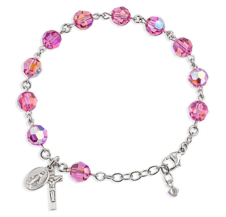 Sterling Silver Rosary Bracelet Created with 8mm Pink Finest Austrian Crystal Round Beads by HMH - B8100PK