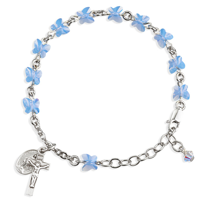 Sterling Silver Rosary Bracelet Created with 6mm Blue Opal Finest Austrian Crystal Butterfly Beads by HMH - B8301BO