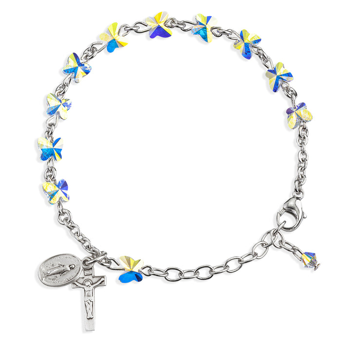 Sterling Silver Rosary Bracelet Created with 6mm Aurora Borealis Finest Austrian Crystal Butterfly Beads by HMH - B8301CR