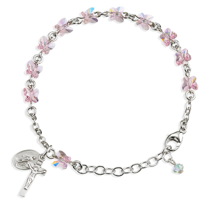 Sterling Silver Rosary Bracelet Created with 6mm Light Rose Finest Austrian Crystal Butterfly Beads by HMH - B8301LR