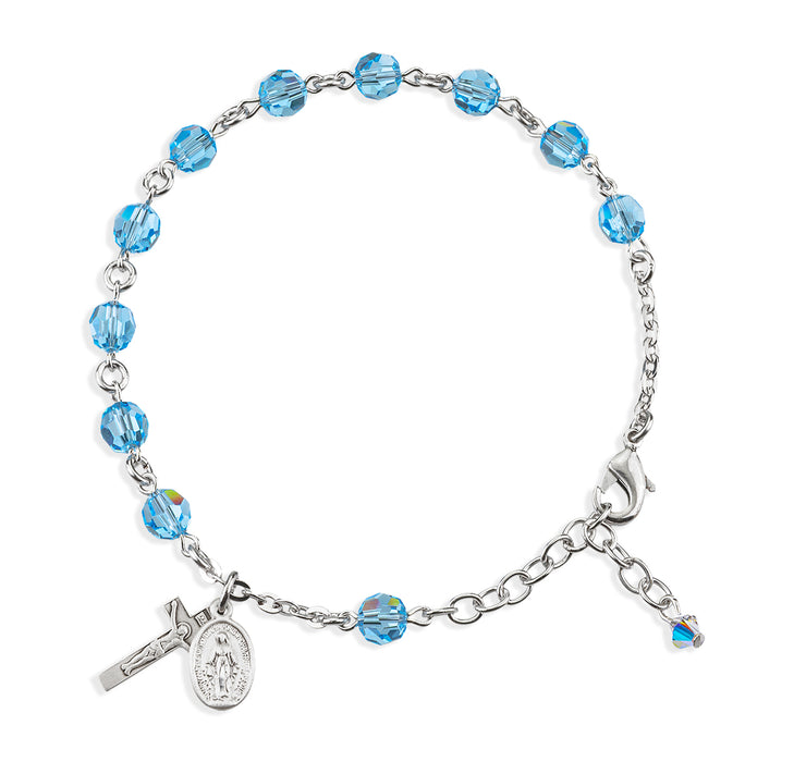 Sterling Silver Rosary Bracelet Created with 6mm Aqua Finest Austrian Crystal Round Beads by HMH - B8550AQ