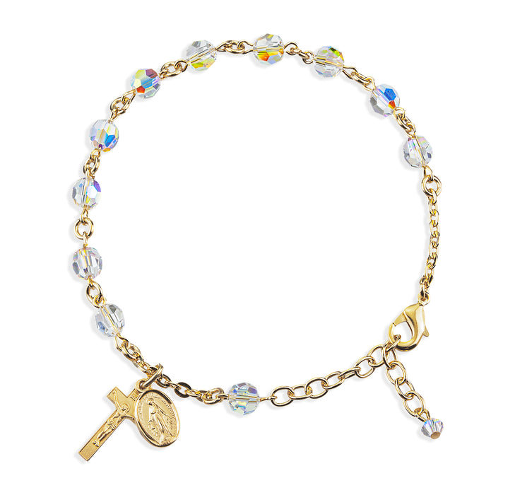 Gold Over Sterling Silver Rosary Bracelet Created with 6mm Aurora Borealis Finest Austrian Crystal Round Beads by HMH - B8550CRGS