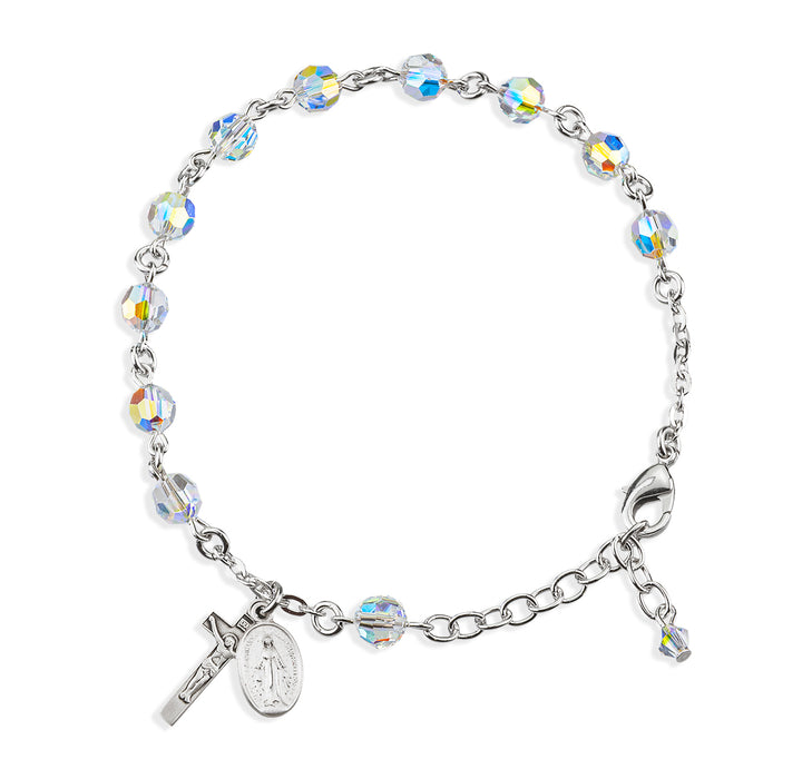 Sterling Silver Rosary Bracelet Created with 6mm Aurora Borealis Finest Austrian Crystal Round Beads by HMH - B8550CR