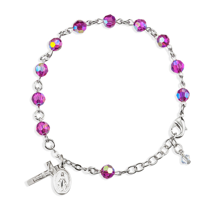 Sterling Silver Rosary Bracelet Created with 6mm Fuchsia Finest Austrian Crystal Round Beads by HMH - B8550FA