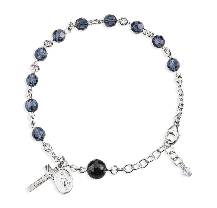 Sterling Silver Rosary Bracelet Created with 6mm Graphite Finest Austrian Crystal Round Beads by HMH - B8550GH