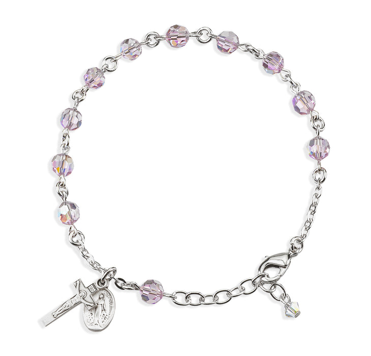 Sterling Silver Rosary Bracelet Created with 6mm Light Amethyst Finest Austrian Crystal Round Beads by HMH - B8550LA